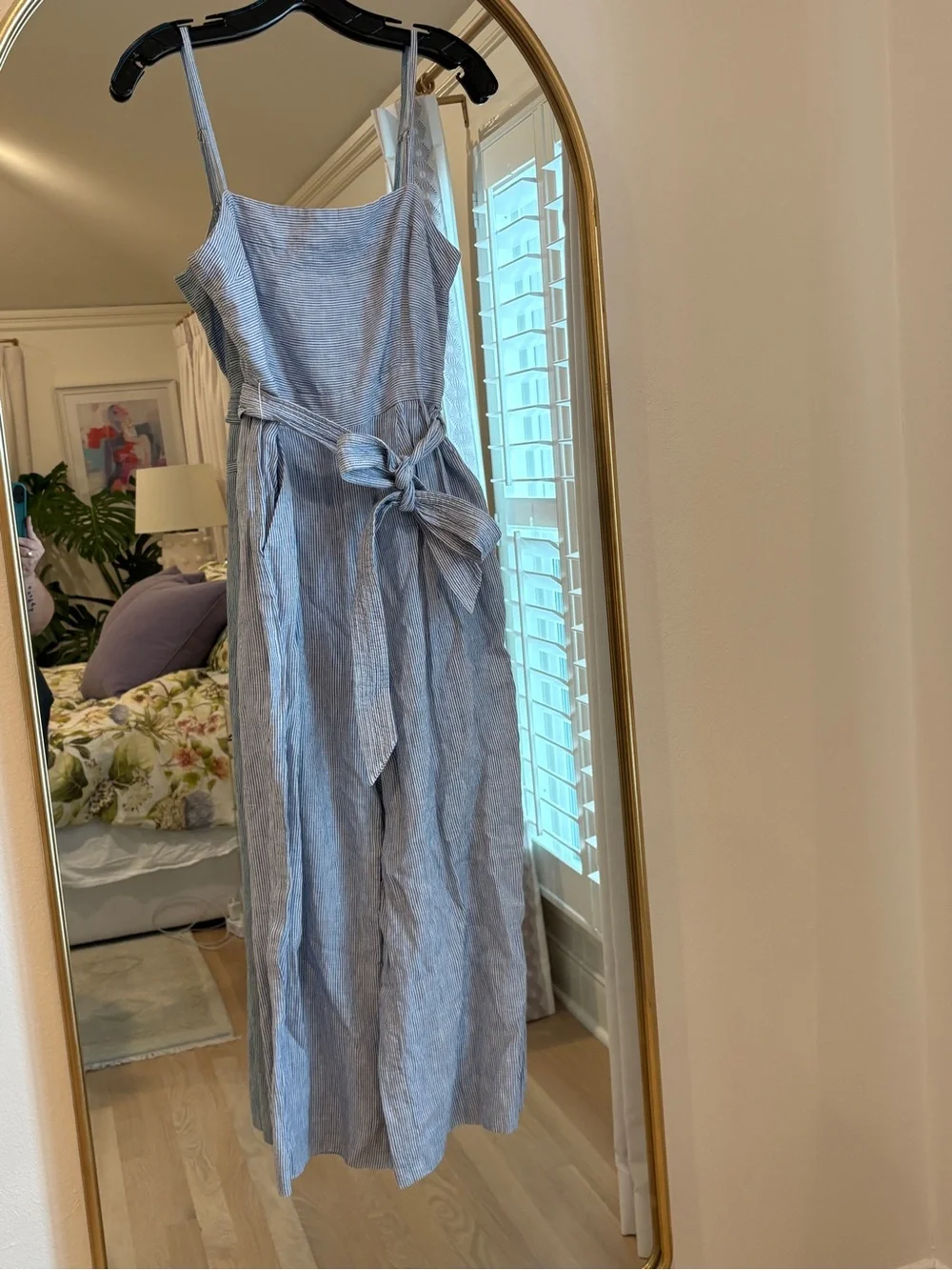 J. Crew Light Blue Striped Linen-Blend Jumpsuit with Waist Tie